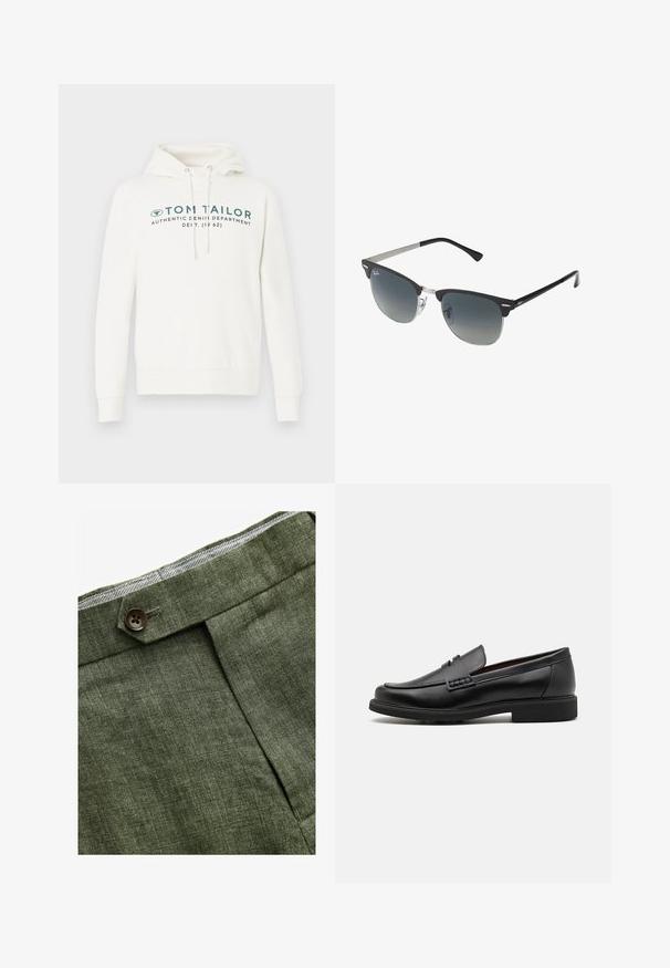 Felpa bianca con cappuccio e tasca a marsupio, con una stampa grafica frontale in teal scuro e laccetti regolabili sul cappuccio.; Pantaloni in lino verde oliva con piega frontale, dotati di chiusura con bottone e una fodera a quadretti a contrasto nella cintura.; Mocassini sintetici neri con una spessa cucitura frontale, soletta imbottita e suola piatta in gomma; design elegante con dettagli minimi.; Occhiali da sole neri e argento con forma a occhio di gatto, lenti sfumate e dettagli metallici sulla montatura. Aste in plastica con punte grigie.