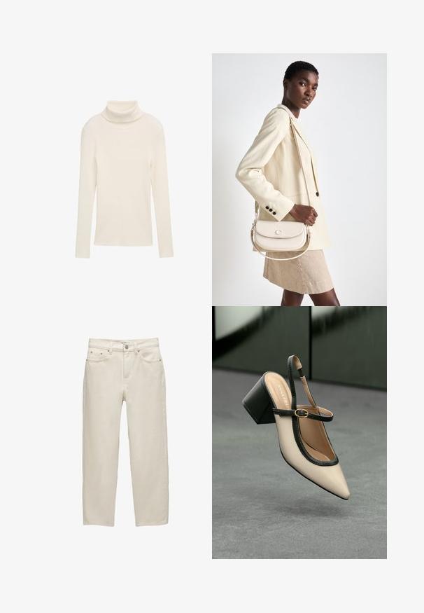 Krém színű garbó felső, bordás anyagból. Hosszú ujjú és testhezálló fazonú. Nincsenek látható minták vagy fémtartozékok.; Fehér farmernadrág laza szabással, egyenes szárral, öt zsebes kialakítással, valamint finom textúrájú fém kiegészítőkkel.; Beige, hegyes orrú, pántos cipő fekete díszítéssel, arany csattal és vastag blokk sarokkal, szürke padlón, sötétzöld háttér előtt.; COACH EMMY SADDLE BAG 23 - Kézitáska - chalk