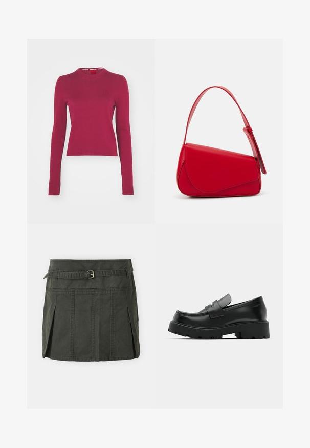 HUGO SCALLIA - Pullover - medium red; Jupe mini en coton vert foncé avec une taille cintrée, une ceinture et des plis sur le devant. Présente des détails de couture et une coupe classique.; Mocassins en cuir noir avec une semelle épaisse et texturée, dotés d'une sangle sur le vamp et d'une finition lisse et polie.; Sac à main en cuir rouge avec un design angulaire et géométrique. Il dispose d'une seule sangle ajustable et d'une fermeture à rabat avec un detailing cousu.; Boucles d'oreilles en argent en forme de créoles avec des cristaux clairs, rectangulaires et triangulaires disposés en motif. Fermeture à tige pour un maintien sûr.