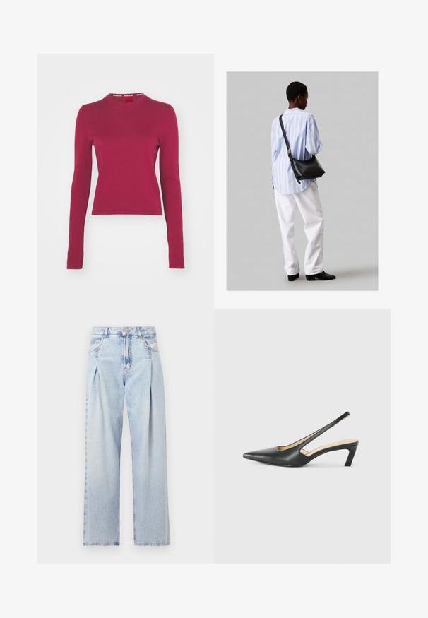 HUGO SCALLIA - Pulóver - medium red; Világoskék farmernadrág magas derekú, bő szabású, két oldalsó zsebbel és pliszírozott dizájnnal. Puha tapintású, elhalványított felület.; Fekete, hegyes orrú, slingback cipő alacsony sarkával, sima bőrből készült, oldalt kivágott deisgnal a légáteresztőképesség érdekében.; Fekete bőr válltáska puha tapintással, háromszög alakú, állítható pánttal, világoskék csíkos inggel és fehér nadrággal párosítva.