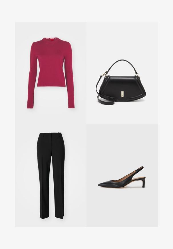 HUGO SCALLIA - Pullover - medium red; Pantalon noir ajusté avec une coupe droite, présentant une texture lisse et des plis nets sur le devant. Aucune quincaillerie visible.; Escarpin slingback en cuir noir avec un bout pointu, un petit talon et une texture lisse. Doté d'une fine sangle réglable pour un ajustement sécurisé.; Sac à main en cuir noir avec un design structuré, featuring une forme cropped, une poignée supérieure et des accents en matériel doré. Bandoulière réglable incluse.