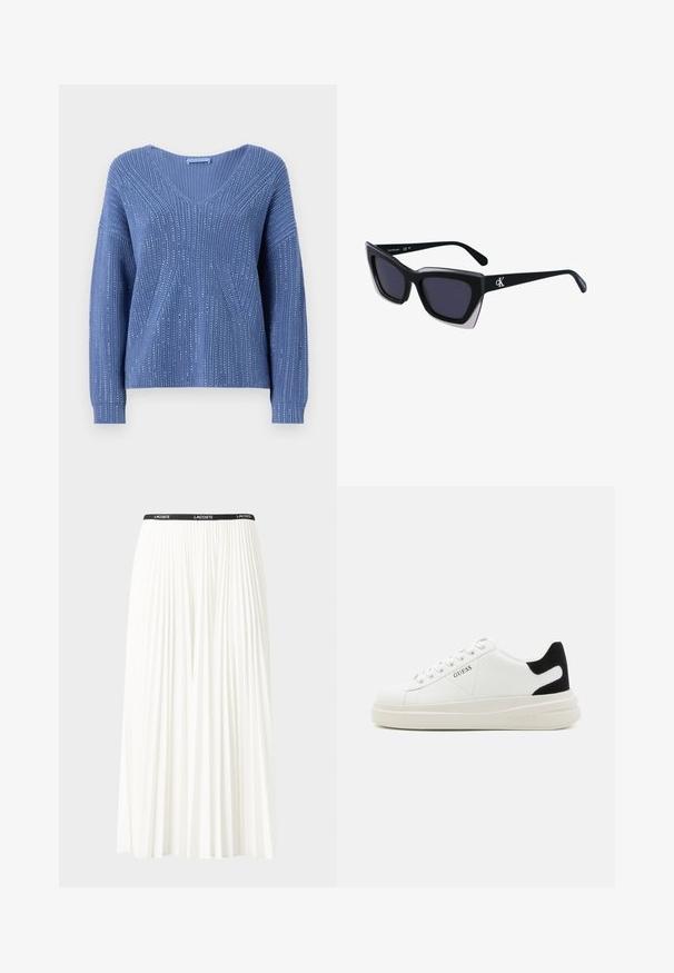 Sininen neulepaita V-päällä, jossa on pystyribbivillaa ja hienovaraisia kiiltokuvioita. Pitkät hihat ja rento malli.; Hame valkoinen pliseerattu hame mustalla joustavalla vyötäröhihnalla, jossa on "LACOSTE"-logo. Puolipitkä malli pehmeällä tekstuurilla.; Valkoiset nahkakengät paksulla valkoisella pohjalla, mustalla mokkanahkaosuudella kannassa ja kohokuvioitu logo sivulla. Nauhakeskitys kuudella reiällä.; Mustat ylisuuret aurinkolasit, joissa on geometrinen muoto, tummat linssit ja kehykseen erottuva harmaa yksityiskohta. Logo varressa.