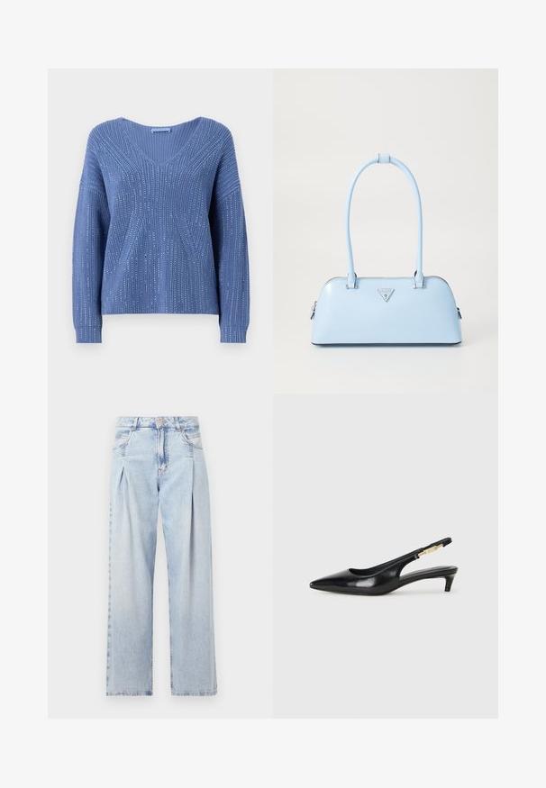 Kék, V-nyakú kötött pulóver, függőleges bordázással és finom csillogó részletekkel. Hosszú, laza fazonú ujjak.; Világoskék farmernadrág magas derekú, bő szabású, két oldalsó zsebbel és pliszírozott dizájnnal. Puha tapintású, elhalványított felület.; Fekete bőr slingback magassarkúk, hegyes orral, vékony sarkakkal és arany színű részlettel a állítható pánton. Simа felület.; Világoskék kézitáska, amelynek strukturált formája van, sima bőrből készült, két füllel rendelkezik, és az elején egy háromszögletű márkatrófea található. Cipzáras záródás.