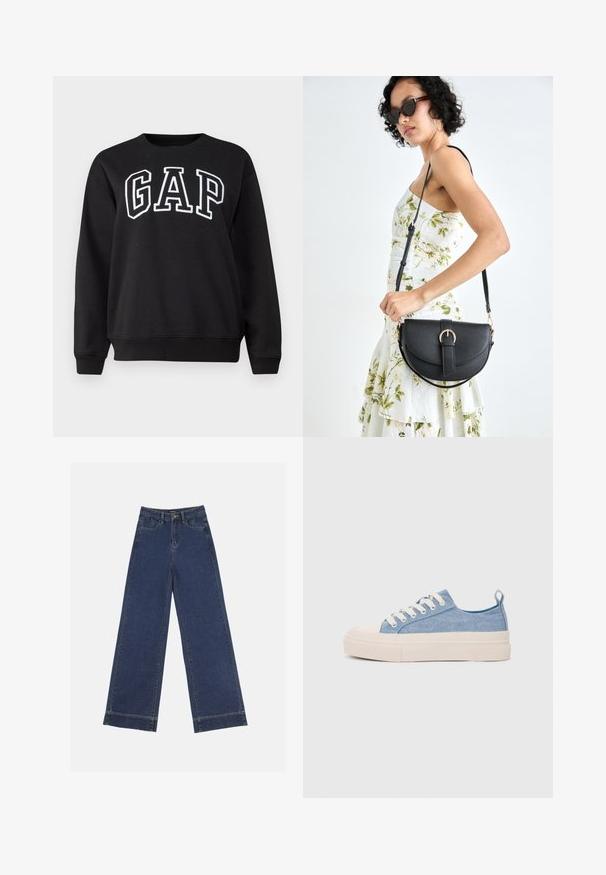 Hanorac negru din bumbac, cu guler rotund. Prezintă o inscripție mare "GAP" albă pe față. Mâneci lungi și manșete ribbate.; Jeans evazați din denim albastru închis. Au cinci buzunare, bucle pentru curea și o margine brută la baza, cu detalii de coasere vizibile.; Sneakers din pânză de culoare albastru deschis, cu vârf și talon din cauciuc crem, având șireturi albe și un maner pe călcâi.; Geantă din piele neagră, cu o formă curbată, curea detașabilă și accesorii aurii. Geanta are un capac cu un detaliu tip cataramă.