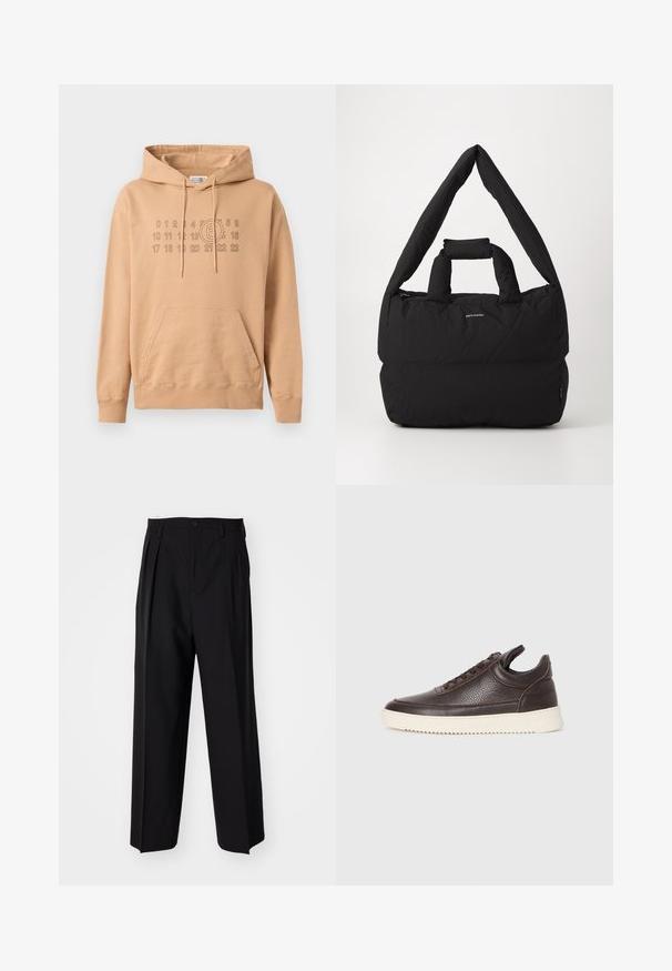 Mikina s kapucňou z svetlohnedej bavlny. Obsahuje predné vrecko, rebrované manžety a potlačenú grafiku čísel a kruhu na hrudi.; Čierne skladané nohavice s rovnom, širokým strihom. Vyrobené z hladkého materiálu, s gombíkovým zapínaním a pútkami na opasok.; Tmavohnedá textúrovaná kožená teniska s šnurovaním a bielou zvrškovou gumovou podrážkou na jednoduchom svetlom pozadí.; Čierna vypchaná taška s širokým, mäkkým ramenným popruhom a hornou rúčkou. Obsahuje zips a diskrétny logotyp na prednej strane.
