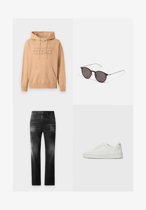 Kapucnis pulóver világosbarna pamutból. Elülső zsebbel, bordázott mandzsettákkal és a mellkason számokból és egy körből álló nyomtatott grafikával rendelkezik.; Fekete farmernadrág egyenes szabással. Fakadó területek, kisebb kopások, klasszikus öt zsebes kialakítás és gombos zárás jellemzi.; Fehér bőr sportcipő sima felülettel, kerek orral, lapos fűzőkkel és texturált talppal. Finom logó található a sarokon.; Fekete kerek napszemüveg sötét lencsékkel és karcsú fém szárakkal. Átlátszó szárvégeket és ezüst részleteket tartalmaz az ívnél. Minimalista dizájn.