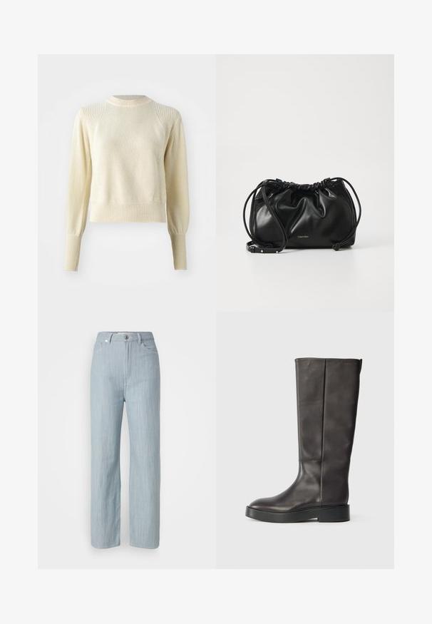 Crème trui met een gestructureerd breipatroon, geribde mouwen en zoom, en een ronde halslijn. Bevat gestructureerde, licht poefachtige mouwen.; Lichtblauwe recht gesneden jeans van denim. Heeft vijf zakken, een metalen knoopsluiting en subtiele whisks voor textuur.; Zwarte leren laars tot de knie met een dikke zool en subtiele Calvin Klein-logo nabij de bovenrand, zijaanzicht.; Zwarte leren handtas met geplooid ontwerp, dubbele trekkoordsluiting en afneembare schouderband. Voorzien van metallic logo detail.