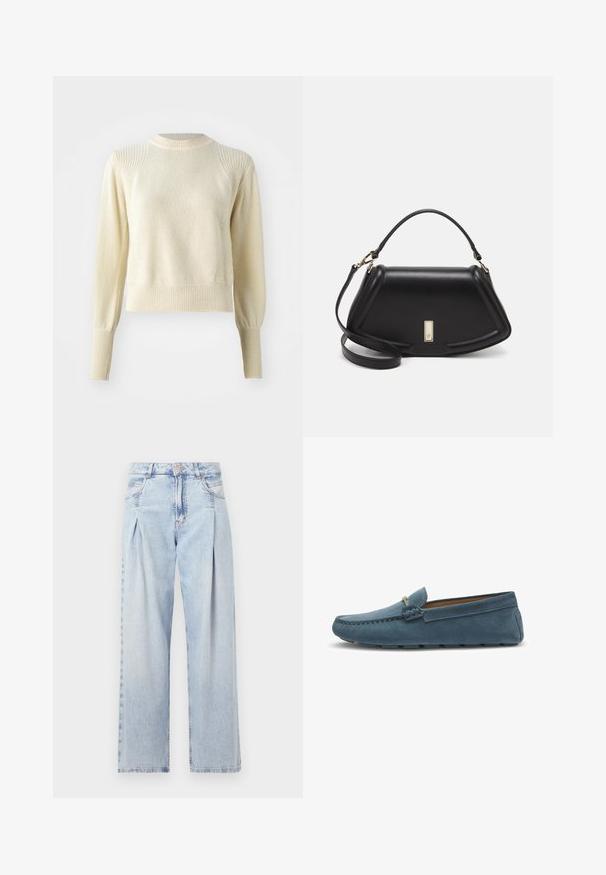 Cremefarbener Pullover mit einem strukturierten Strickmuster, gerippten Ärmelbündchen und Saum sowie einem runden Ausschnitt. Verfügt über strukturierte, leicht gepuffte Ärmel.; Helle blaue Denim-Jeans mit hoher Taille, weitem Beinschnitt, zwei seitlichen Taschen und gefaltetem Design. Weiche Textur mit einem ausgebleichten Finish.; Blaue Wildleder-Slipper mit flacher Sohle, die an den Kanten mit einer gestickten Gestaltung versehen sind und einen dekorativen Metallelement an der Vorderseite besitzen.; Schwarze Lederhandtasche mit einem strukturierten Design, das eine verkürzte Form, einen oberen Griff und goldfarbene Hardware-Details aufweist. Verstellbarer Schulterriemen ist enthalten.