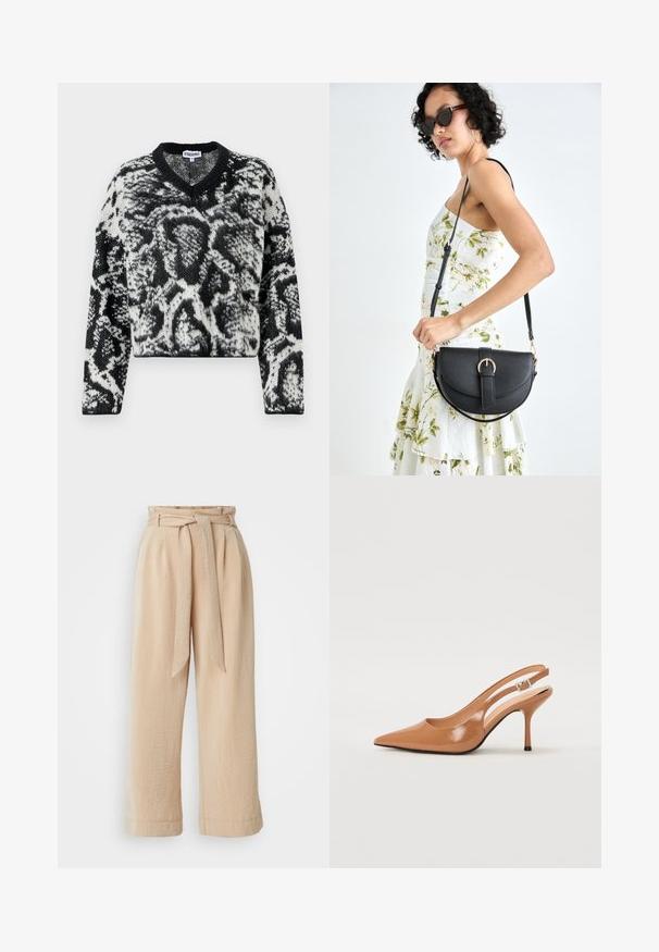 Pull cropped noir et blanc avec un col en V, présentant un motif texturé de print animal et des manches longues. Matière en tricot doux.; Pantalons beige à jambe large avec une taille ceinturée, fabriqués en tissu texturé. Présente un pli avant et une finition lisse le long de l'ourlet.; Escarpin à talon slingback à bout pointu en matériau beige lisse et brillant. Présente un design de découpes courbées et un talon aiguille fin. Détail de boucle en argent.; Sac à main en cuir noir avec une forme courbée, bandoulière amovible et des accessoires en or. Le sac est doté d'un rabat avec un détail de boucle.