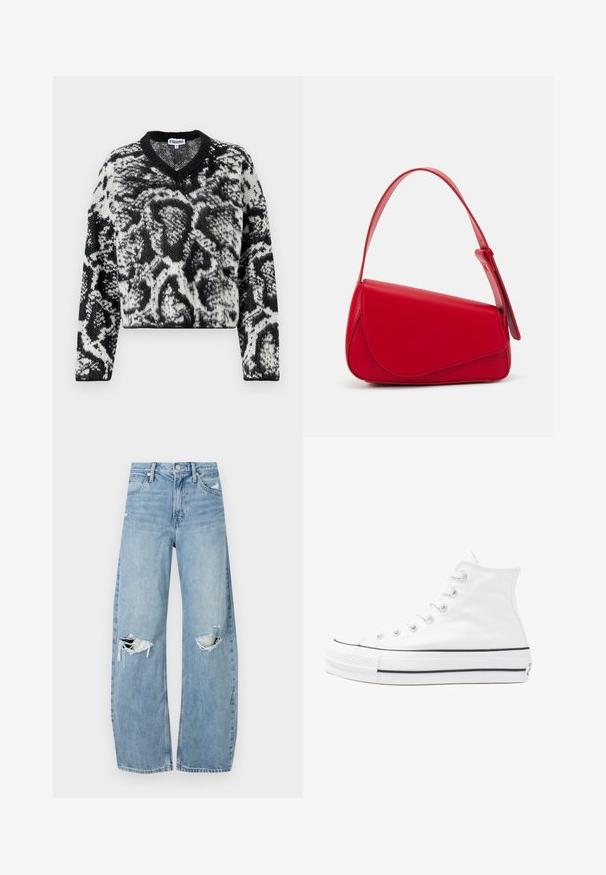 Maglione cropped bianco e nero con scollo a V, caratterizzato da un motivo animalier testurizzato e maniche lunghe. Materiale in maglia morbida.; Jeans azzurri chiari a vita alta realizzati in denim. Presentano gambe larghe, due aree strappate sulle ginocchia e il classico styling a cinque tasche.; Sneaker alta in tela bianca con suola in gomma nera, punta in gomma frontale e sei asole per i lacci, caratterizzata da un design pulito e minimalista.; Borsa a tracolla in pelle rossa con un design angolare e geometrico. Presenta una singola tracolla regolabile e una chiusura a patta con dettagli cuciti.