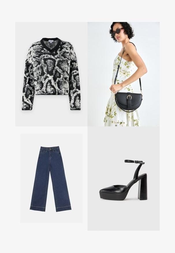 Pull cropped noir et blanc avec un col en V, présentant un motif texturé de print animal et des manches longues. Matière en tricot doux.; Jeans à jambes larges en denim bleu foncé. Comprend cinq poches, des passants de ceinture et un ourlet brut en bas avec des détails de couture visibles.; Escarpins noirs à plateforme avec un bout pointu et une sangle réglable à la cheville. Conçus en cuir lisse, avec un large talon bloc.; Sac à main en cuir noir avec une forme courbée, bandoulière amovible et des accessoires en or. Le sac est doté d'un rabat avec un détail de boucle.