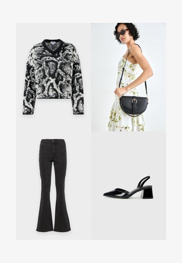 Pull cropped noir et blanc avec un col en V, présentant un motif texturé de print animal et des manches longues. Matière en tricot doux.; Jeans en denim noir évasés à taille haute, avec des coutures latérales et une finition nette à l'ourlet. Le tissu a une texture lisse avec une légère élasticité.; Escarpins en cuir verni noir avec bout pointu et talon bloc géométrique. Présente un design élégant et minimaliste ainsi qu'une texture lisse.; Sac à main en cuir noir avec une forme courbée, bandoulière amovible et des accessoires en or. Le sac est doté d'un rabat avec un détail de boucle.