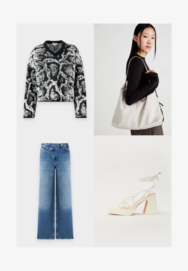Pull cropped noir et blanc avec un col en V, présentant un motif texturé de print animal et des manches longues. Matière en tricot doux.; Jean large bleu clair avec un délavage, présentant un design classique à cinq poches et des accents en métal au niveau de la taille.; Sandale blanche à talons hauts avec un talon épais, présentant un design à lanières et un lien autour de la cheville. Texture lisse avec une plateforme à l'avant pour une hauteur supplémentaire.; Sac à main beige en matériau souple, avec un design décontracté, des détails cousus et deux poignées. Idéal pour un usage quotidien.