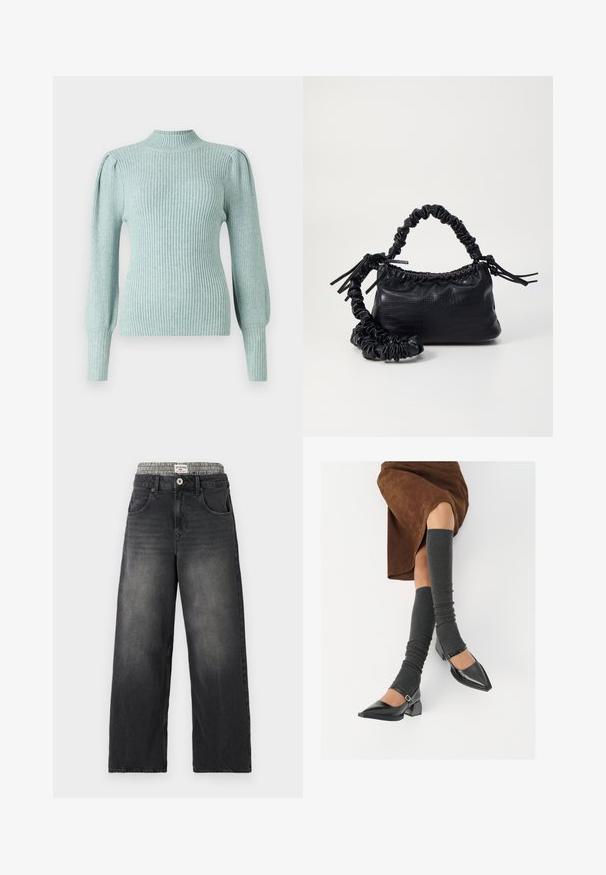 Světle modrý žebrovaný svetr s vysokým límcem, přesně tvarovanými ramenními švy a přiléhavými dlouhými rukávy. Měkká textura s pružnými vlastnostmi.; Černé džíny s širokými nohavicemi a pasem s kostkovaným vzorem. Obsahují přední kapsy a zapínání na knoflík. Ošuntělá textura.; Černé lakované boty s špičatou špičkou, blokovým podpatkem a kotníkovým páskem, spárované s šedými žebrovanými návleky na nohy a hnědskou sukní z semiše.; Černá kabelka z umělé kůže s krokodýlím vzorem, staženým vrškem a zmačkaným popruhem. Zdá se, že má měkký a kompaktní design.