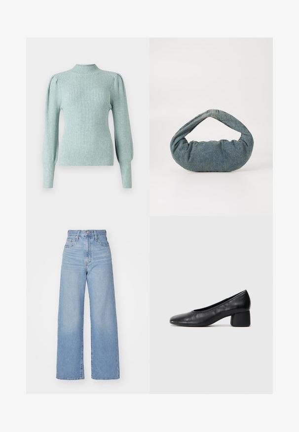 Light blue ribbed sweater with a mock neck, structured shoulder seams, and fitted long sleeves. Soft texture with a stretchable quality.; Light blue high-waist wide-leg jeans with front button and zip closure, front and back pockets, on a white background.; Black leather pump with a rounded toe and mid-block heel. Smooth texture with minimal detailing, featuring a subtle elastic opening.; Blue denim bag with a padded, rounded shape and a curved handle. The texture is soft, featuring visible stitching and a smooth finish.