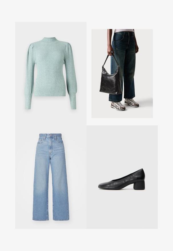Lichtblauwe ribbeltrui met een opstaande kraag, gestructureerde schoudernaden en aansluitende lange mouwen. Zachte textuur met een rekbare kwaliteit.; Lichtblauwe high-waist wijde jeans met een knoop- en ritssluiting aan de voorkant, voor- en achterzakken, op een witte achtergrond.; Zwarte leren pump met een ronde neus en een middenblokhak. Glad textuur met minimale details, voorzien van een subtiele elastische opening.; Zwarte leren schoudertas met een gladde textuur en een verstelbare strap, gecombineerd met vervaagde wijde jeans en sportieve sneakers.