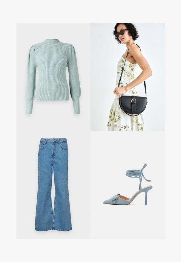 Svetlomodrý rebrovaný sveter s polo golierom, štruktúrovanými ramenami a priliehavými dlhými rukávmi. Mäkká textúra s elastickými vlastnosťami.; Svetlomodré rozšírené džínsy vyrobené z denimu, s vysokým pásom, piatimi vreckami a jednopoložkovým zapínaním na gombík. Mäkká textúra s vyblednutým povrchom.; Špičatá lodička na vysokom podpätku z jemnej modrej tkaniny s textúrovaným povrchom, s ozdobnou mašľou a členkovým remienkom pre bezpečné upevnenie.; Čierna kožená kabelka s zaobleným tvarom, odnímateľným popruhom a zlatými doplnkami. Kabelka má klopu s detailom s prackou.