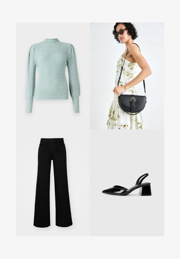 Maglione a coste azzurro chiaro con collo alto, cuciture delle spalle strutturate e maniche lunghe aderenti. Texture morbida con una qualità elasticizzata.; Pantaloni neri a gamba larga in denim, con una vita strutturata, passanti per la cintura e tasche frontali. Texture liscia con un design classico.; Décolleté in vernice nera con punta affusolata e tacco in geometria cubica. Presentano un design elegante e minimalista, con una texture liscia.; Borsa a tracolla nera in pelle con una forma curva, manico rimovibile e accessori dorati. La borsa presenta una patta con un dettaglio a fibbia.