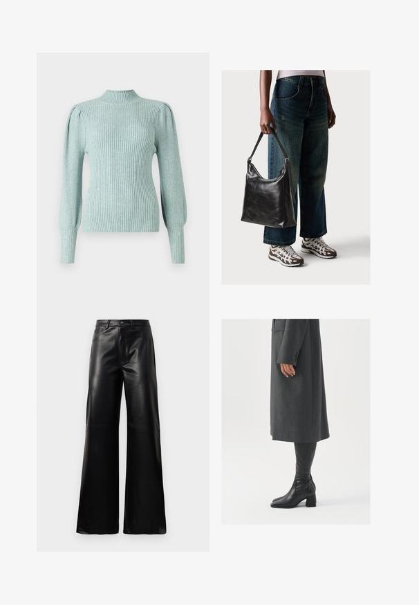 Light blue ribbed sweater with a mock neck, structured shoulder seams, and fitted long sleeves. Soft texture with a stretchable quality.; Black high-waist wide-leg faux leather pants with front button, zip closure, belt loops, and side pockets on white background.; Gray, tailored overcoat with a straight cut; paired with knee-high black leather boots featuring a square toe and chunky heel.; Black leather shoulder bag with a smooth texture and adjustable strap, paired with faded wide-leg jeans and athletic sneakers.