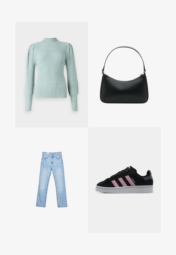 Ljust blå ribbad tröja med hög krage, strukturerade axelsömmar och figurnära långa ärmar. Mjuk textur med en elastisk kvalitet.; Ljusblå denimjeans med rak passform, femficksdesign och synlig sömnad. Middelhög midja med klassisk knapp- och dragkedjestängning.; Svart mocka sneaker med rosa tre-stripes design, grå gummisula och texturerad tunga. Har varumärke på sidan och hälen.; Svart läderaxelväska med en böjd form, enkel platt rem och dragkedja upptill. Slät yta med minimala detaljer i metall.; Guld digital klocka med rektangulärt urtavla, LCD-display, armband i rostfritt stål och knappar på sidan. Har en vattenresistent märkning.