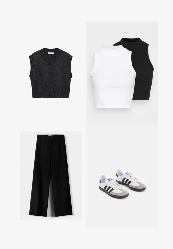 Svart stickad väst med V-hals, korta ärmar och ribbad fåll. Den strukturerade tyget har subtila prickar som ger en extra visuell intress. ; Två ärmlösa ribbade polotröjor i svart och vitt, med en figursydd design och slät textur, i en kortad längd.; Svarta vida byxor i lätt material, med knappstängning fram och platt front, samt väl sydda fållar.; Sportskor med överdel i vit läder, grå mocka på tårna och tre svarta ränder. Har en blå logotyp på tungan och en texturerad gummisula.
