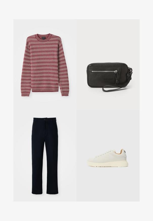 Rød og kremmønstret genser med strukturert design, rund halslinning og ribbede mansjetter og hem. Genseren har lange ermer.; Navyblå bukser laget av bomull, med rett ben-design, frontlukking med knapp og klassisk midje med beltehanker.; Hvite sneakers med glatt skinnoverside, tykk kremgummisåle og subtile sømmer. Minimalistisk design med rund tå og snøresystem.; Svart lær clutch med teksturert overflate, frontlomme med glidelås og avtakbar håndleddsreim. Har en logo-patch på fronten. rektangulær form.