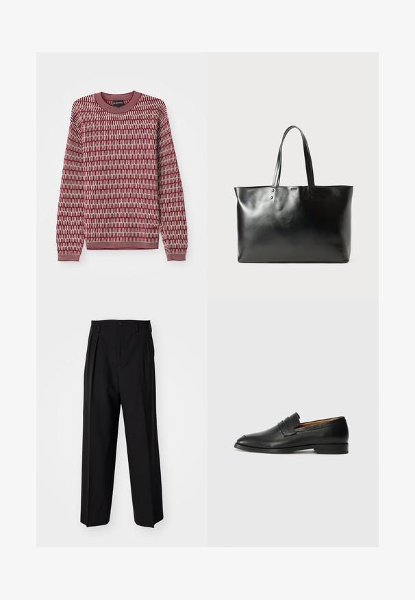 Piros és krémszínű, textúrás pulóver mintás dizájnnal, kerek nyakkivágással, bordás mandzsettákkal és szegéllyel. A pulóver hosszú ujjakkal rendelkezik.; Fekete, pliszírozott nadrág, egyenes, széles lábakkal. Sima anyagból készült, gombos záródással és övhurkokkal rendelkezik.; Fekete bőr mokaszin, kerek orral, diszkrét varrásokkal és alacsony sarokkal, sima felülettel és minimalista dizájnnal.; Fekete, sima bőr női táska két állítható vállpánttal, téglalap alakú, finom varrási részletekkel, fehér háttér előtt.