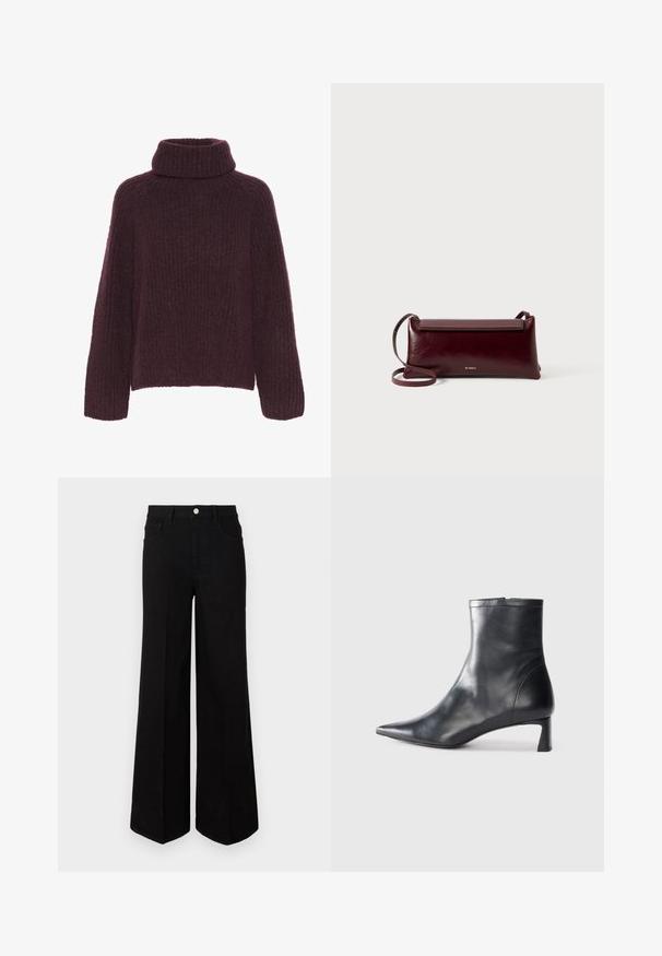 Burgundska pletena džemperica s visokim, preklopnim ovratnikom. Ima teksturirani rebrasti uzorak i široke rukave; izrađena je od mekog, toplog materijala.; Crne široke traperice od čvrstog materijala, s visokim strukom, prednjim džepovima i prednjim kopčanjem na dugme. Ravni rub na dnu.; Crne kožne gležnjače s uskim vrhom i elegantnim dizajnom. Imaju niski potpetak i zatvaranje na patentni zatvarač straga. Glatka tekstura.; Bordo kožni torbica preko tijela s glatkom teksturom, pravokutnim oblikom, preklopom i tankim podešivim remenom. Vidljiv zlatni detalj s logotipom.
