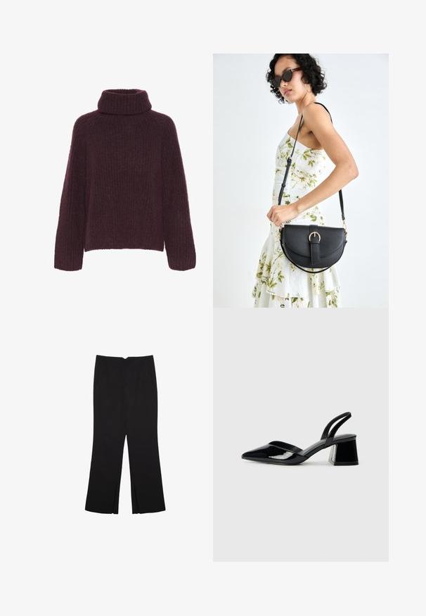 Burgundská pletená mikina s vysokým, prehnutým golierom. Má textúrovaný rebrovaný vzor a široké rukávy; vyrobená z mäkkého, teplého materiálu.; Čierne nohavice so strihom rovného strihu, s prednými vreckami a bočnými rozparkami na leme. Vyrobené z mäkkej, hladkej tkaniny. Vhodné na rôzne príležitosti.; Čierne lakované kožené sandálové podpätky s špicatou špičkou a geometrickým blokovým podpätkom. Disponujú elegantným, minimalistickým dizajnom a hladkým povrchom.; Čierna kožená kabelka s zaobleným tvarom, odnímateľným popruhom a zlatými doplnkami. Kabelka má klopu s detailom s prackou.