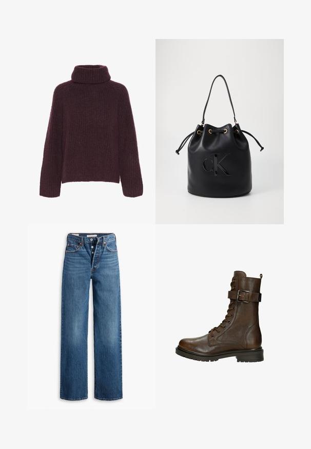 Burgundská pletená svetr s vysokým, překládaným límcem. Má strukturovaný ribovaný vzor a široké rukávy; vyrobený z měkkého, teplého materiálu.; Modré džíny z denimu s širokými nohavicemi, pěti kapsami, zapínáním na knoflík a kontrastním prošíváním. Texturovaná látka s vybledlým povrchem.; Hnědá kožená kotníková obuv na šněrování se bočním přezkovým uzávěrem, kulatou špičkou, robustní podrážkou a švy pro zvýšení textury.; Černá kožená kabela ve tvaru kyblíku s utažením na šňůru, s lesklým logem "CK" na přední straně a zlatými kovovými detaily.