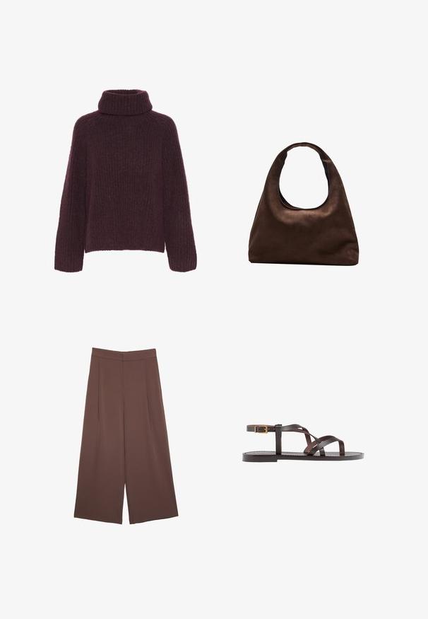 Burgundska pletena jopica z visokim, zavitim ovratnikom. Ima teksturiran rebrast vzorec in široke rokave; izdelana iz mehke, tople tkanine.; Rjave široke hlače z gladko teksturo, ki imajo visok pas in sprednje naborke. Tkanina je lahka in prosto pada.; Rjav usnjen sandal z načinom prečnega črta, zaklepom okoli gležnja in ravnim podplatom z minimalnimi šivi.; Mehakna rjava torbica v hobo stilu z enim širokim trakom in ukrivljenim odprtjem na vrhu, prikazana na beli podlagi.