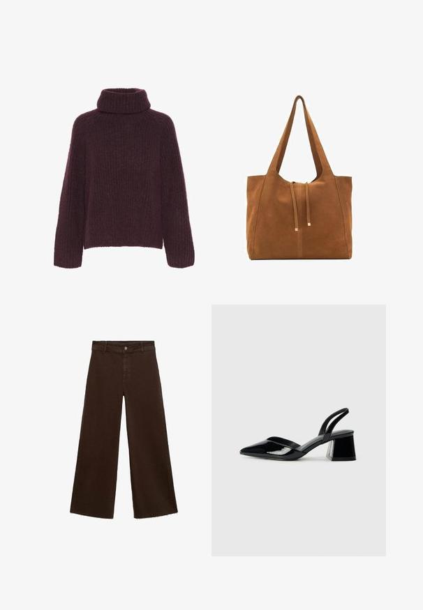 Bordowy sweter z dzianiny z wysokim, złożonym kołnierzem. Posiada teksturowany prążkowany wzór i szerokie rękawy; wykonany z miękkiego, ciepłego materiału.; Brązowe spodnie o szerokich nogawkach z mieszanki bawełny, z postrzępionym dołem, przednim zapięciem na guzik i klasycznym pięciopocketowym wzorem. Minimalistyczne i uniwersalne.; Czarne lakierowane półbuty na obcasie z wydłużonym noskiem i geometrycznym słupkiem. Charakteryzują się eleganckim, minimalistycznym designem oraz gładką fakturą.; Brązowa torba tote z zamszu z dwoma długimi paskami, zamknięciem na sznurek i minimalistycznym wzornictwem. Gładka tekstura i brak widocznych akcentów metalowych.