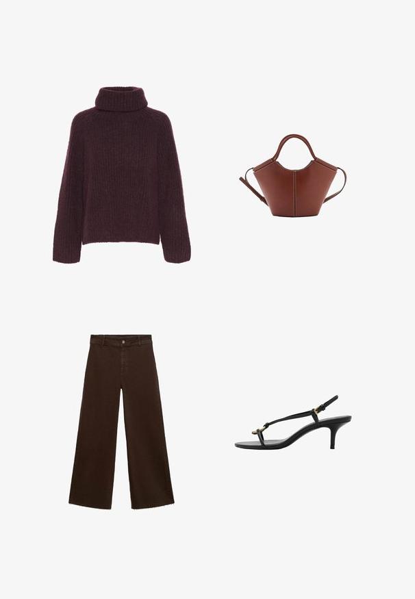 Burgunderfarbener Strickpullover mit hohem, umgeschlagenem Kragen. Verfügt über ein strukturiertes Rippmuster und weite Ärmel; aus weichem, warmem Material gefertigt.; Braune, weit geschnittene Hosen aus Baumwollmischung mit fransigem Saum, vorderem Knopfverschluss und klassischem Fünf-Taschen-Design. Minimalistisch und vielseitig.; Schwarze Leder-Kitten-Heel-Sandale mit dünnen Riemen, goldener Schnalle und minimalistischer Zehen-Schlaufe vor einem weißen Hintergrund.; Braune Ledertasche mit konischer Form, robusten Trägern und kontrastierenden weißen Nähten. Verfügt über einen abnehmbaren Schultergurt für Vielseitigkeit.