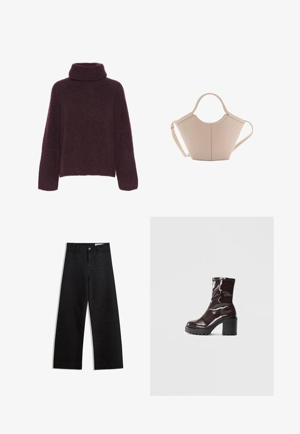 Bordeaux stickad tröja med hög, vikbar krage. Har en strukturerad ribbad mönster och vida ärmar; tillverkad av mjukt, varmt material.; Svarta vida denimbyxor med hög midja, med fram- och bakfickor, sydda sömmar och knappstängning. Slät textur.; Glansig bordeauxfärgad ankelsko med en kraftig svart klack, som har en slät yta och enkel design. Inga synliga stängningar eller mönster.; Beige läderhandväska med en unik form, med två korta handtag och ett långt justerbart axelband. Slät textur med minimal hårdvara.