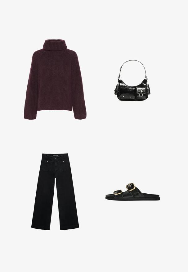 Bordeaux stickad tröja med hög, vikbar krage. Har en strukturerad ribbad mönster och vida ärmar; tillverkad av mjukt, varmt material.; Svart vida jeans med hög midja, med två framfickor och metalldetaljer i form av knappar. Tyget har en mjuk textur.; Svart glidsandal med två guldfärgad spännen, slät textur av material, platt sula och en minimalistisk design.; Svart lackläderhandväska med en rundad form, en axelrem, framfickor och detaljer i silverfärg.