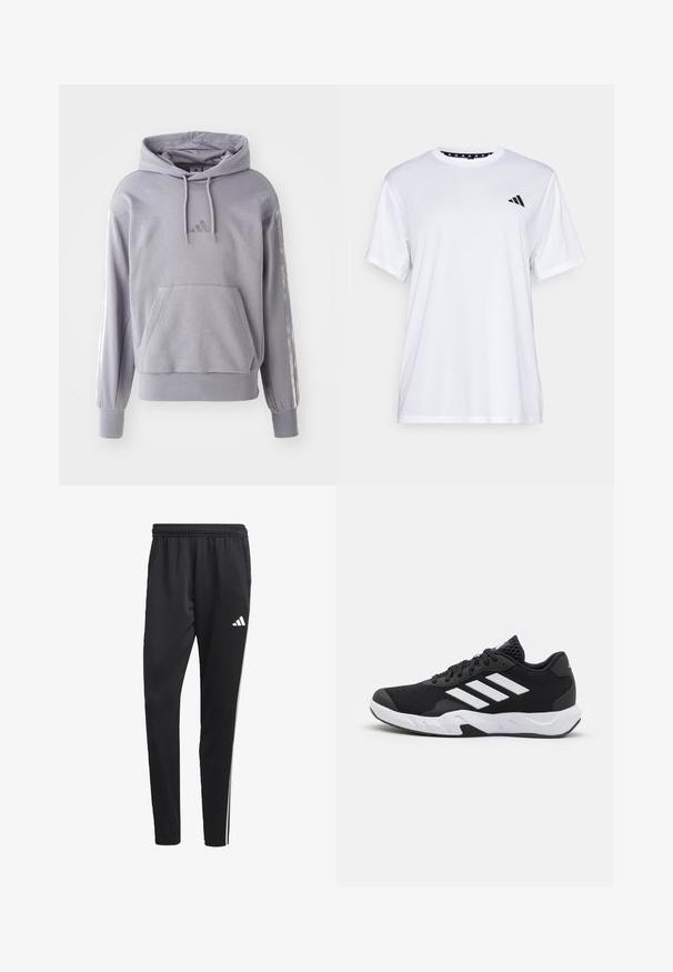 Sweatshirt cinza com capucho, com um bolso frontal, punhos canelados e detalhes em prata ao longo das mangas; apresenta um logótipo bordado no peito.; Camiseta atlética branca de mangas curtas, feita de tecido que absorve a humidade. Apresenta um logótipo preto no lado esquerdo do peito e um decote interior com padrão.; Calças de treino pretas com um cós elástico, riscas laterais brancas e um pequeno logotipo branco na coxa. Feitas de um material leve e suave.; Tenis negros desportivos com um superior em malha texturizada, riscas brancas de destaque, sola acolchoada e um calcanhar reforçado para suporte.