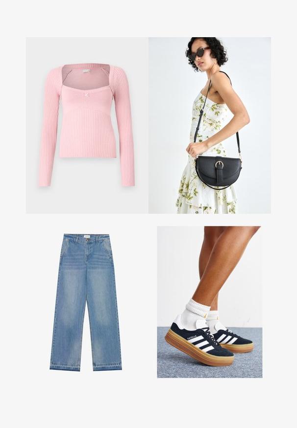 BDG Urban Outfitters Neule - pink; Vaaleansiniset korkeavyötäröiset leveälahkeiset farkut, joissa on napitus, etutaskut, vyölenkit ja hillitty haalistuminen.; Musta mokkanahkainen tennari, jossa valkoiset raidat ja yksityiskohdat, pyöreä kärki, purukumipohja, yhdistetty valkoisiin ribbineuleisiin nilkkasukkiin.; Musta nahkainen käsilaukku, joka on kaareva muotoilultaan, irrotettavalla hihnalla ja kultaisilla yksityiskohdilla. Laukussa on läppä, jossa on solk yksityiskohta.