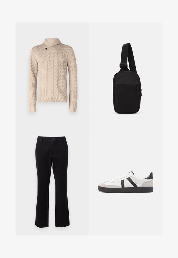 Beige Kabelstrickpullover mit hohem Kragen und einem einzigen Knopfdetail. Hergestellt aus strukturiertem Stoff, mit gerippten Bündchen und Saum.; Schwarze Cordhosen mit ausgestellt geschnittenem Bein, ausgestattet mit einem Frontknopfverschluss und praktischen Taschen. Glatte Textur mit vertikalen Rippungen.; Weiße Sneaker mit schwarz- und grau-aczenten, ausgestattet mit einer strukturierten grauen Zehenkappe, schwarzer Gummi-Sohle und flachen weißen Schnürsenkeln. Sauberes Design, minimalistische Stil.; Schwarze Umhängetasche aus robustem Gewebe, mit einem verstellbaren Tragegurt, einem Reißverschluss-Hauptfach und einer Fronttasche.