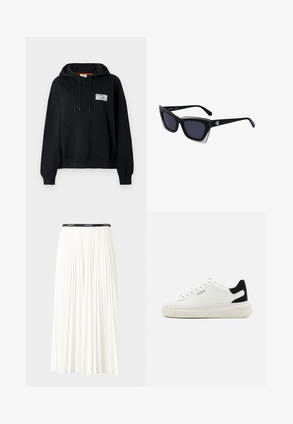 Sweat-shirt à capuche noir avec une poche avant, des cordons de serrage et un texte imprimé blanc. Tissu doux, poignets et ourlet côtelés. Coupe régulière.; Jupe plissée blanche avec une taille élastique noire portant le logo "LACOSTE". Design mi-long avec une texture douce.; Baskets en cuir blanc avec une épaisse semelle blanche, un accent en daim noir au niveau du talon et un logo embossé sur le côté. Design à lacets avec six œillets.; Lunettes de soleil noires surdimensionnées avec une forme géométrique, dotées de verres foncés et d'un détail gris contrastant sur la monture. Logo sur la branche.