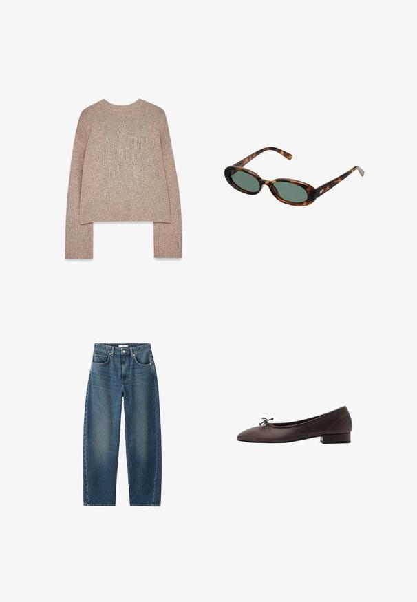 Hellbrauner, gestrickter Pullover mit Rundhalsausschnitt und langen Ärmeln, ausgestattet mit gerippten Bündchen und einem cropped Saum. Weiche Textur und lässiges Design.; Ärmelloses weißes Kleid mit Rundhalsausschnitt und asymmetrischem Saum, der auf einer Seite zu einem Punkt drapiert.; Dunkelblaue Denim-Jeans mit geradem Bein, Fünf-Taschen-Design und klassischem Knopfverschluss. Weiche Textur mit dezenten Verfärbungen.; Braune Leder-Balletschuhe mit runder Spitze und kleinem Blockabsatz. Mit einer dünnen Schleife an der Vorderseite und dezenten Steppnähten.; Schildpatt-Sonnenbrille mit ovalen Rahmen und grünen Gläsern. Verfügt über dünne Bügel mit einem metallischen Akzent in der Nähe der Scharniere.; Gewebte gelbe Handtasche mit einem geschwungenen Oberhandgriff und einer unstrukturierten Form. Die strukturierte Oberfläche weist ein kreuz und quer Muster auf.