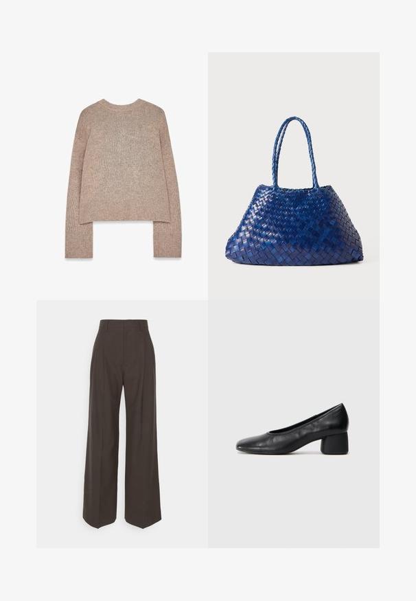 Gai brūns adīts džemperis ar apaļu kakla izgriezumu un garām piedurknēm, ar ribotām aprocēm un īsu malu. Mīksta tekstūra un ikdiena stils.; Tumši brūni platajiem galiem bikses ar augstu jostasvietu, kas pieejamas ar uzmanīgi presētām krokām, gludu tekstūru un pielāgotu piegriezumu.; Melna ādas kurpe ar noapaļotu purngalu un vidēja izmēra blokkāju. Gluda tekstūra ar minimāliem dekoriem, ar delikātu elastīgu atveri.; Adata no adīta zila ādas somiņa ar divām pītām rokturiem, ar brīvu, leņķveida formu un teksturētu virsmu.