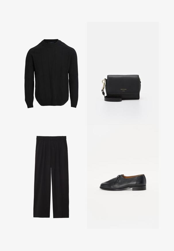 Zwarte gebreide trui met een ronde hals, voorzien van verticale ribbels en ribbelboorden aan de mouwen en onderkant. Gemaakt van een zachte, gestructureerde stof.; Zwarte wijde broek met geplooide voorkant, zijzakken en een gladde stoftextuur. Ontworpen voor een ontspannen pasvorm.; Zwarte leren schoen met een gestructureerde afwerking, ronde neus en een kleine strikaccent op de bovenkant. Heeft een lage, stevige hak.; Zwarte leren crossbodytas met een gestructureerde afwerking, gouden hardware, een klepsluiting en een verstelbare schouderband. Voorzien van een logo op de voorkant.