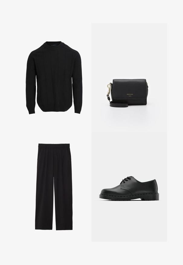 Zwarte gebreide trui met een ronde hals, voorzien van verticale ribbels en ribbelboorden aan de mouwen en onderkant. Gemaakt van een zachte, gestructureerde stof.; Zwarte wijde broek met geplooide voorkant, zijzakken en een gladde stoftextuur. Ontworpen voor een ontspannen pasvorm.; Zwarte leren oxford schoenen met vetersluiting, ronde neus, platte rubberen zool en subtiele stiksel details langs het bovenwerk.; Zwarte leren crossbodytas met een gestructureerde afwerking, gouden hardware, een klepsluiting en een verstelbare schouderband. Voorzien van een logo op de voorkant.