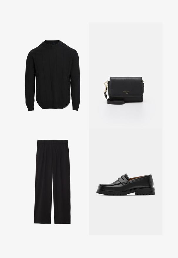 Black knitted sweater with a round neck, featuring vertical ribbed patterns and ribbed cuffs and hem. Made from a soft, textured fabric.; Black wide-leg trousers with a pleated front, side pockets, and a smooth fabric texture. Designed for a relaxed fit.; Black leather loafers feature a raised seam, two decorative straps on the upper, and a thick textured sole for added grip.; Black leather crossbody bag with a textured finish, gold hardware, a flap closure, and an adjustable strap. Features a logo on the front.