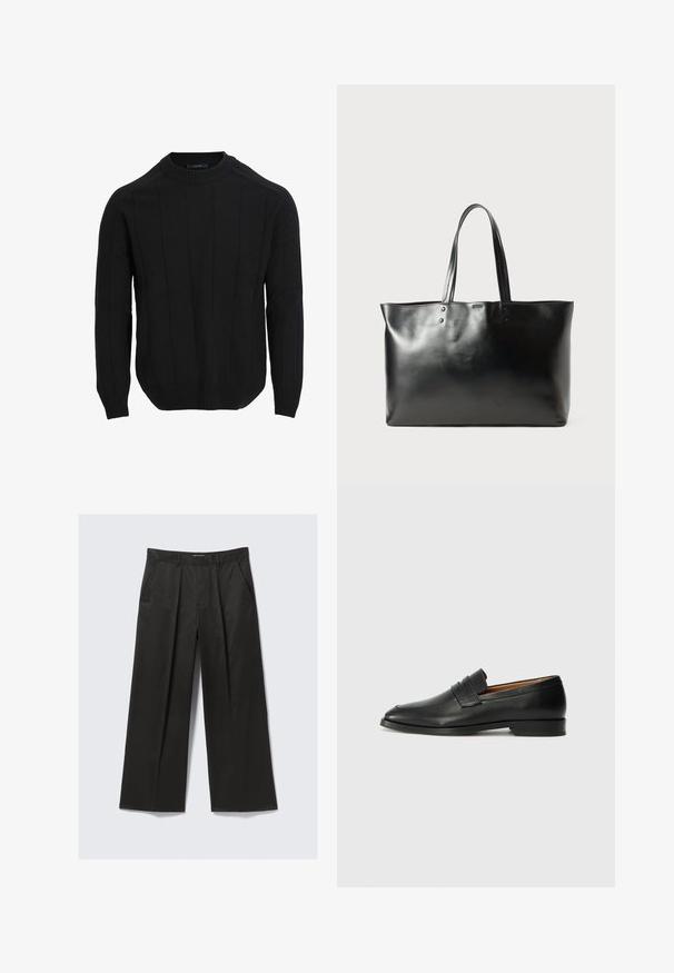 Schwarzer gestrickter Pullover mit einem runden Halsausschnitt, der vertikale Rippmuster sowie Rippbündchen und -saum aufweist. Hergestellt aus einem weichen, strukturierten Stoff.; Schwarze weit geschnittene Hose mit glatter Textur, ausgestattet mit zwei frontalen Taschen und einem leicht erhöhten Bund.; Schwarze Leder-Slipper mit runder Zehenform, dezenten gestickten Details und niedrigem Absatz, ausgestattet mit glatter Textur und minimalistischem Design.; Schwarze, glatte Leder-Tote mit zwei Schultergurten, rechteckiger Form und dezenten Steppnähten auf einem weißen Hintergrund.