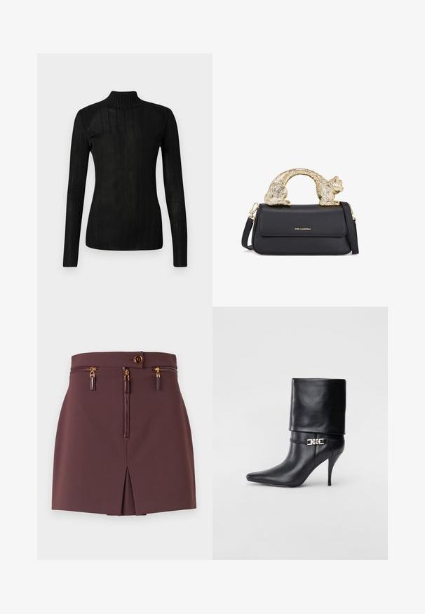 Musta poolapaita, jossa on pitkät hihat, ribbikuvio, kevyt neulottu materiaali ja tiukka siluetti. Ei näkyviä logoja tai kuvioita.; Hame mini burgundi, muotoiltu ohueksi, etuvetoketjulla, koristeellisia vetoketjuja, halkio ja kultakuvioinen nappisuljenta.; Musta nahkasaapas nilkkapituudella, teräväkärkinen, korkea stiletto-korko, käännettävä varsi ja kultainen koristeellinen solki nilkassa.; Musta nahkakäsi, jossa on kultainen kissanmuotoinen kahva, etuohjauslaukku, säädettävä hihna ja logotunnus alaosassa.