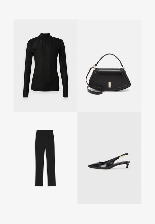 Black turtleneck sweater featuring long sleeves, ribbed texture, lightweight knit material, and a fitted silhouette. No visible logos or patterns.; Black tailored trousers with a straight-leg design, featuring front pockets and a smooth, textured fabric. Neat, minimal detailing.; Black leather slingback heels with a pointed toe, featuring a slim heel and a gold-tone accent on the adjustable strap. Smooth texture.; Black leather handbag with a structured design, featuring a cropped shape, top handle, and gold hardware accent. Adjustable shoulder strap included.