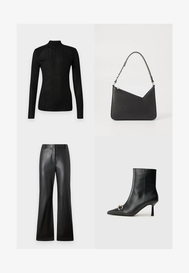 Črn pulover z visokim ovratnikom, ki ima dolge rokave, rebrasto teksturo, lahkoten pleteni material in oprijet kroj. Brez vidnih logotipov ali vzorcev.; Črne usnjene hlače z gladko teksturo, širokimi nogavicami in srednjim pasom, ki ima podložene zanke za pas in sprednje žepke.; Črne usnjene gležnjarje s koničastim nosom, ozkim srednjem petam in srebrno zaponko na strani na enobarvni podlagi.; Črna usnjena torbica s trikotno obliko, ozkim trakom in srebrnimi dodatki. Ima zadrgo in vtisnjen logotip spredaj.