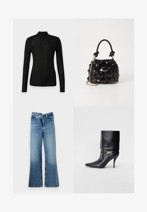 Crni pulover s rol kragnom, dugim rukavima, rebrastom teksturom, laganim pletenim materijalom i prilagođenim krojem. Nema vidljivih logotipa ili uzoraka.; Svijetloplave traperice s izrezom i visokim strukom, s dva gumba i prednjim džepovima. Tkanina ima izblijeđenu teksturu s suptilnim varijacijama.; Crna kožna gležnjača s šiljastim prstom, visokim stiletto potplatom, preklopnim rubom i zlatnom dekorativnom kopčom na gležnju.; Crna mini torbica sa šljokicama, s čvorastim teksturiranim remenom i srebrnim lancem. Zaobljenog oblika s naboranim vrhom i reflektivnim detaljima.