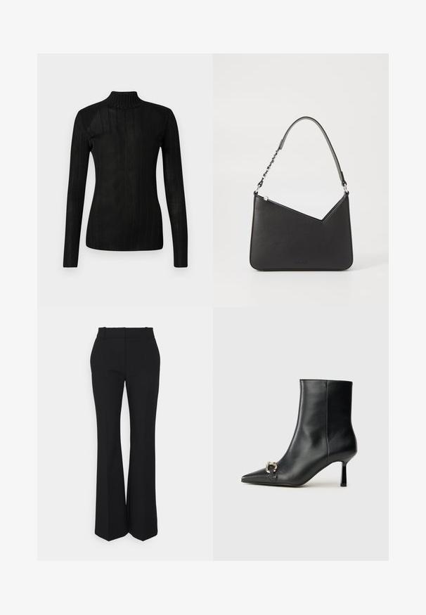 Schwarzer Rollkragenpullover mit langen Ärmeln, gerippter Textur, leichtem Strickmaterial und taillierter Silhouette. Keine sichtbaren Logos oder Muster.; Schwarze plissierte Hose mit geradem Schnitt, aus einem glatten Stoff gefertigt. Sie hat einen hohen Bund und unsichtbare seitliche Taschen.; Schwarze Leder-Stiefelette mit spitzer Zehe, schlankem, mittelhohem Absatz und silberner Schnalle seitlich vor einem schlichten Hintergrund.; Schwarze Lederhandtasche in dreieckiger Form, mit schmalem Tragegurt und silbernem Zubehör. Sie verfügt über einen Reißverschluss und ein geprägtes Logo auf der Vorderseite.